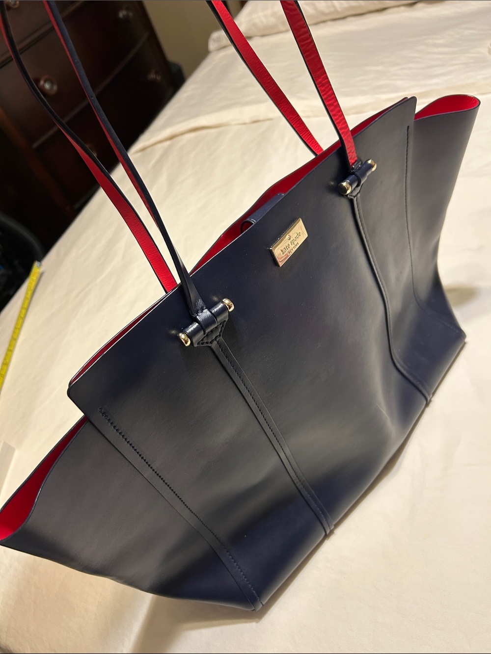 kate spade Navy Leather Tote with Red Interior and Straps